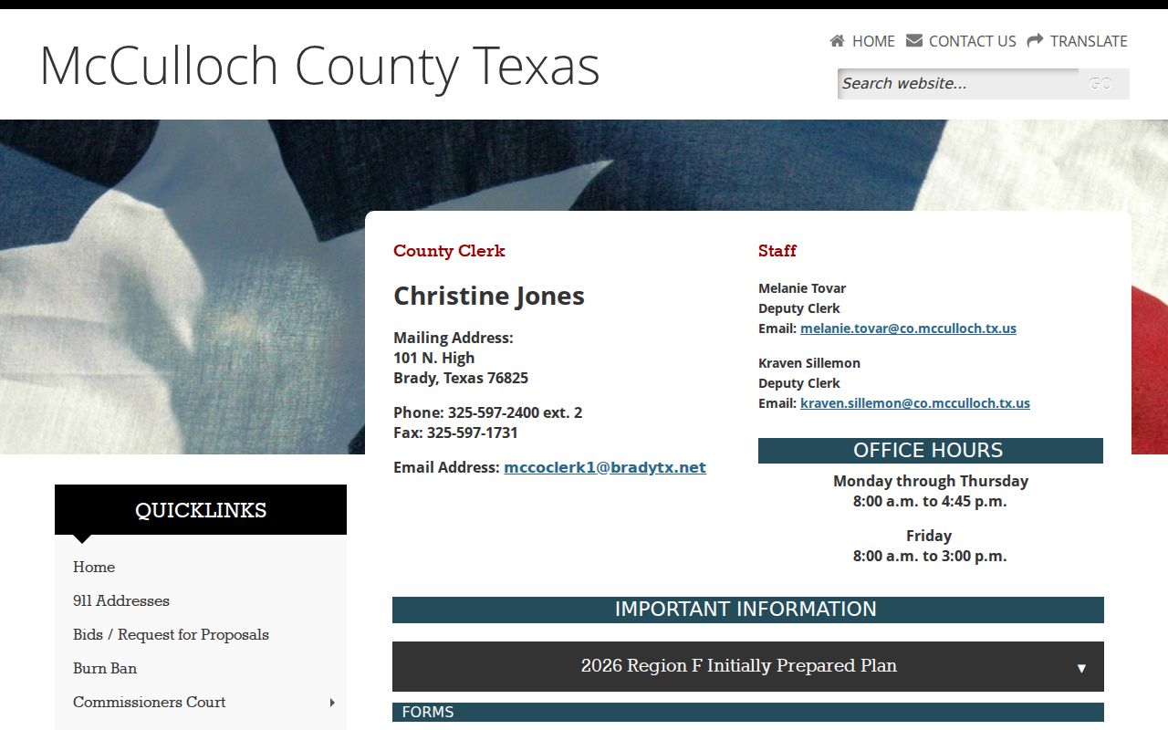 McCulloch County warrant search County Clerk public records contact