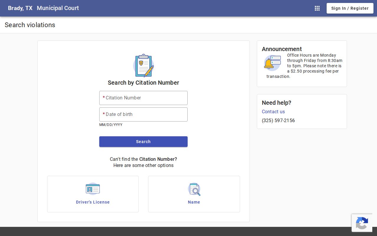 Brady warrant records citation search interface