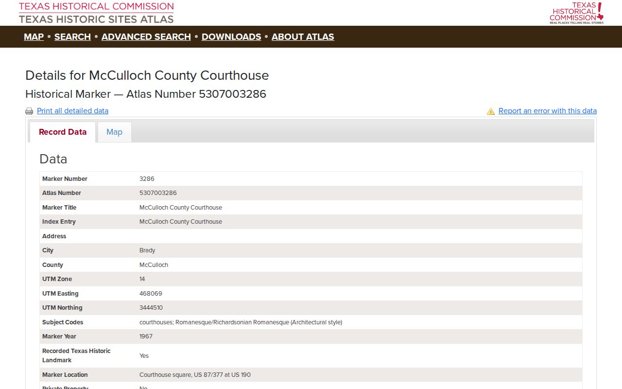 McCulloch County warrant records courthouse historical marker