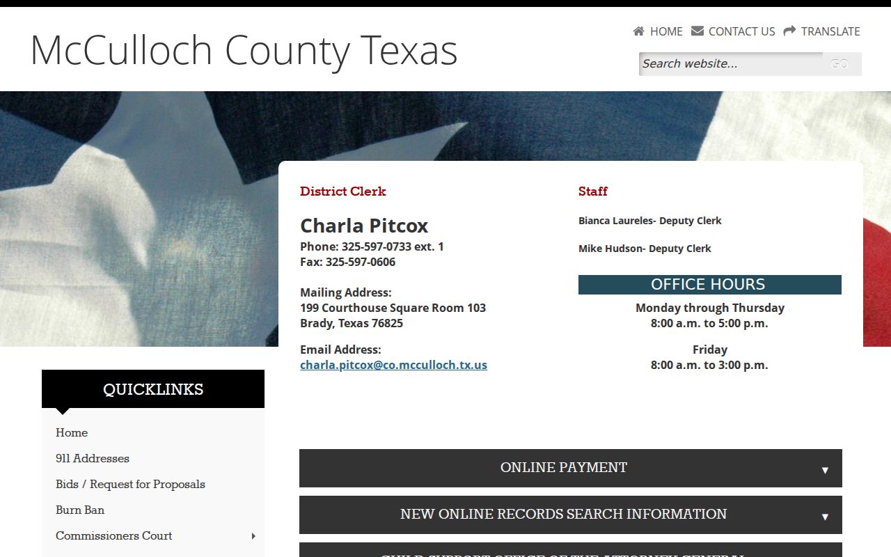 McCulloch County warrant records District Clerk contact