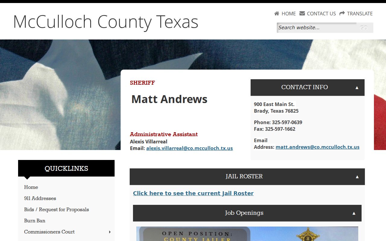McCulloch County warrant records sheriff contact page